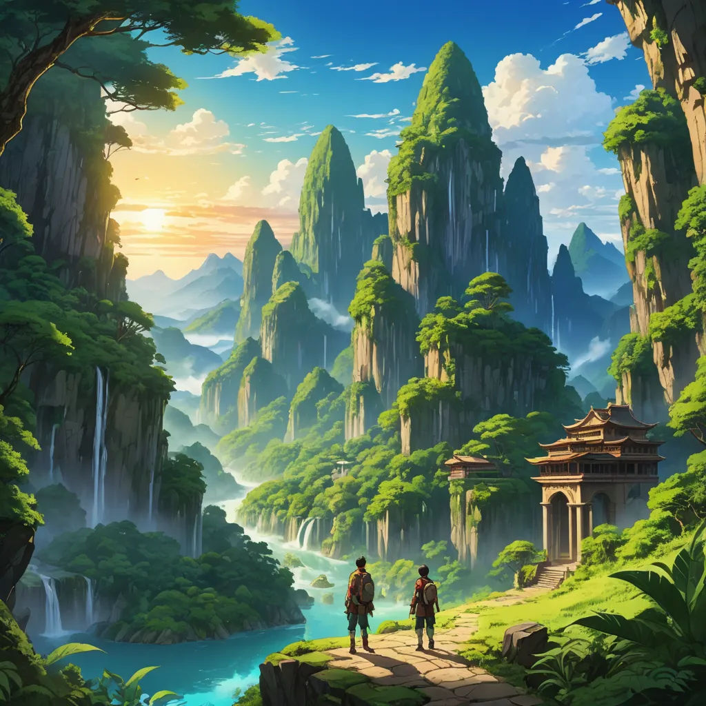 a couple of people standing on a cliff near a river and mountains with a waterfall in the background and a forest, fantasy art, a detailed matte painting, Christophe Vacher, rossdraws global illumination