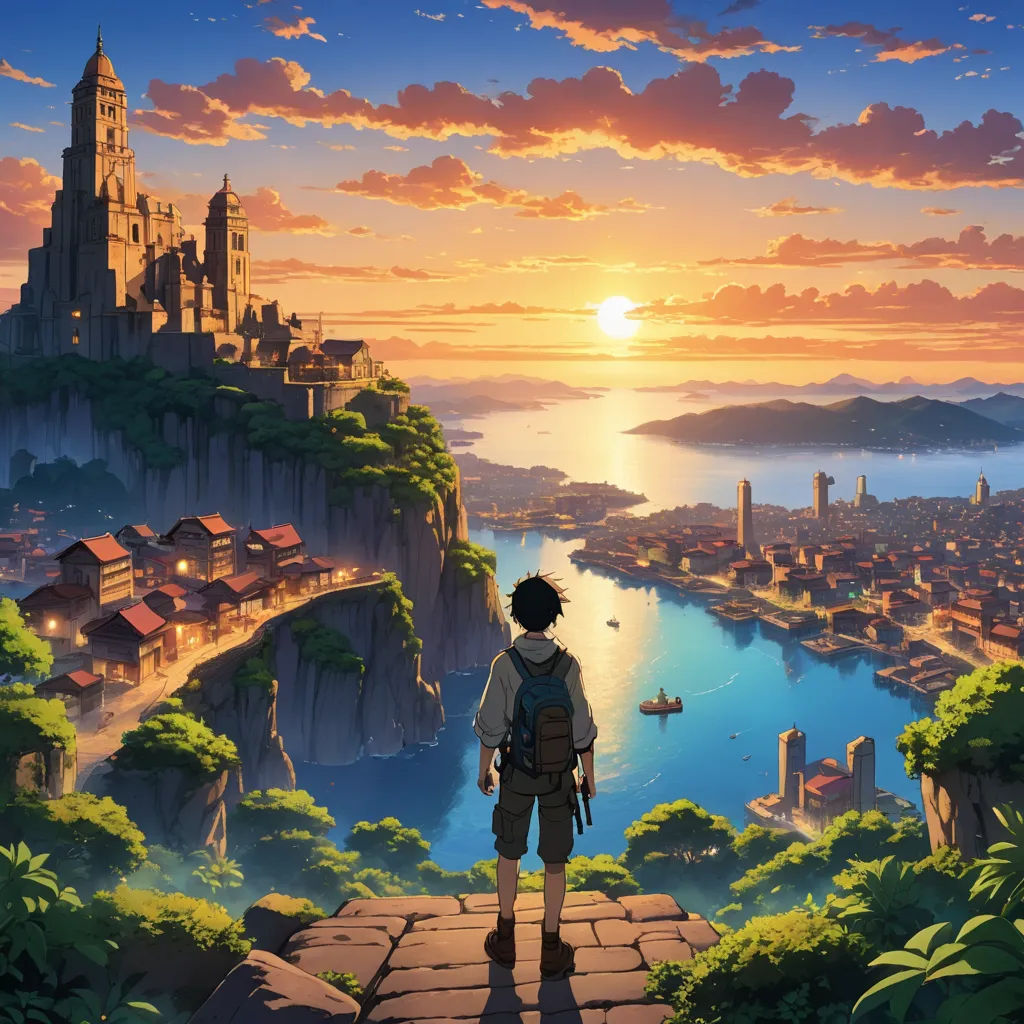 a person standing on a platform looking at a city and a lake at sunset with a castle in the background, magical realism, a detailed matte painting, Cedric Seaut (Keos Masons), ufotable