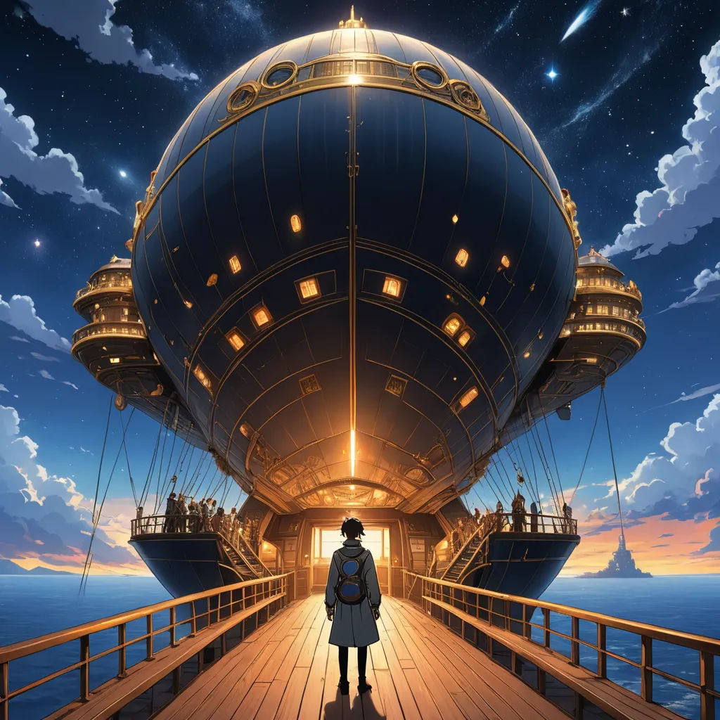 a person standing on a pier looking at a large ship in the sky with a sky background and stars, fantasy art, a detailed matte painting, Chris LaBrooy, rossdraws global illumination