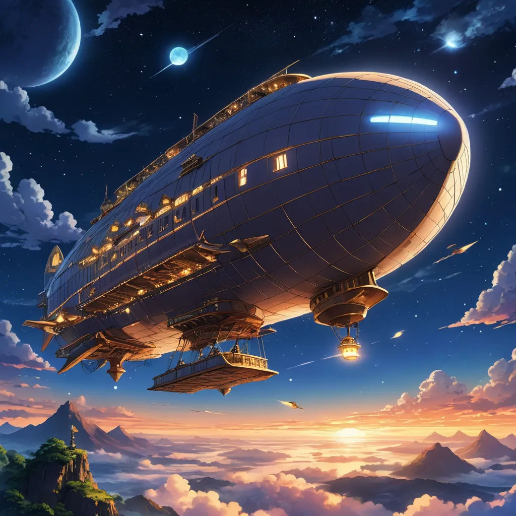 a large blue ship floating over a lush green hillside under a blue sky filled with clouds and stars at night, fantasy art, a detailed matte painting, Christophe Vacher, anime art