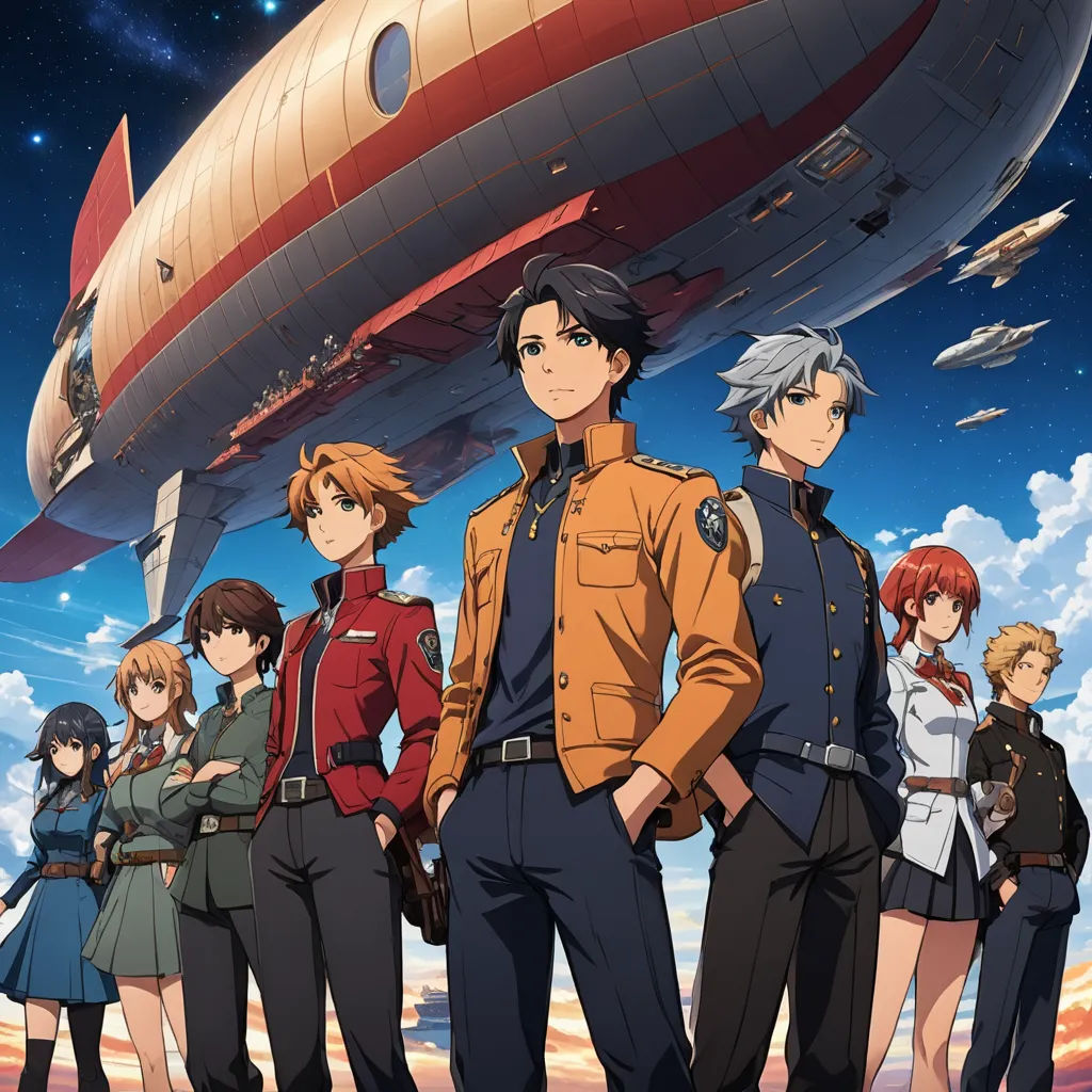a group of people standing in front of a large object in the sky with a sky background and stars, rayonism, a poster, Eizan Kikukawa, anime key visual