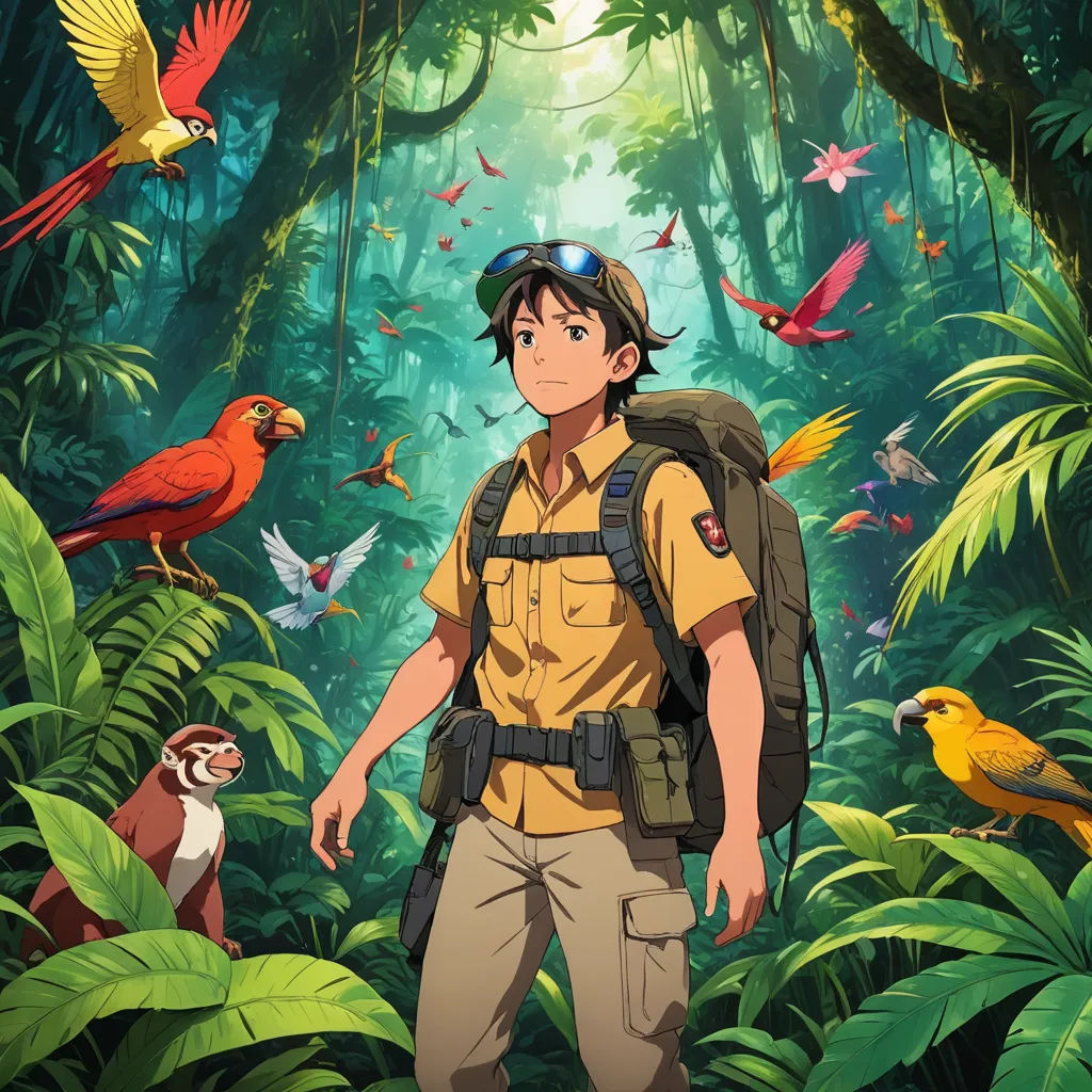 a man in a jungle with birds and monkeys around him and a backpack on his back, with a backpack on his shoulder, rayonism, poster art, Eizan Kikukawa, anime key visual