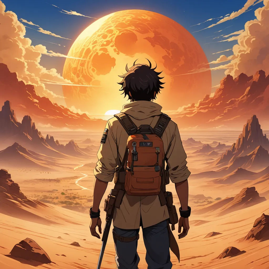 a man with a backpack and a stick in his hand walking through a desert area with a giant orange sun in the background, space art, poster art, Cedric Seaut (Keos Masons), anime key visual