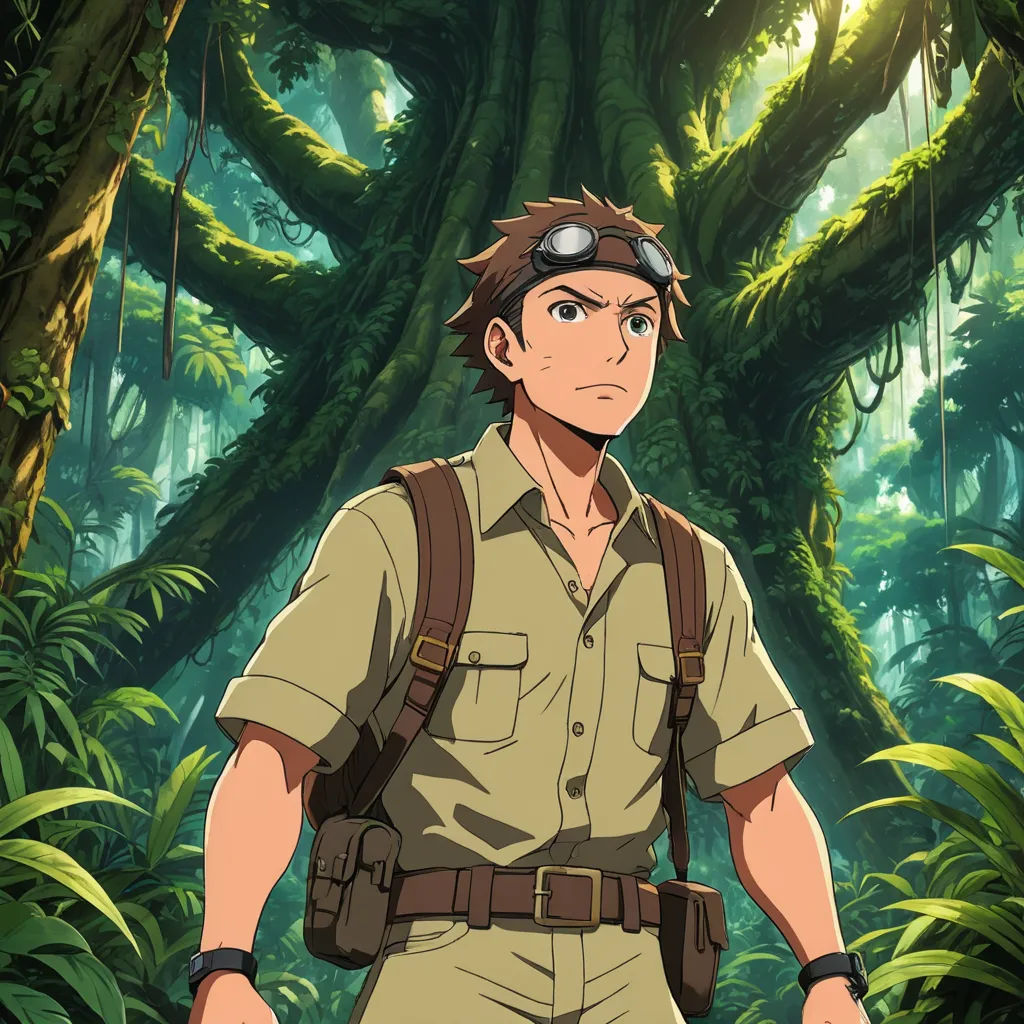 a man in a jungle with a backpack on his shoulder and a jungle background with trees and plants behind him, rayonism, a character portrait, Eizan Kikukawa, anime key visual