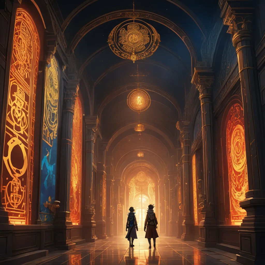 two people standing in a hallway with a clock on the wall and a light at the end of the hallway, fantasy art, concept art, Cedric Peyravernay, rossdraws global illumination