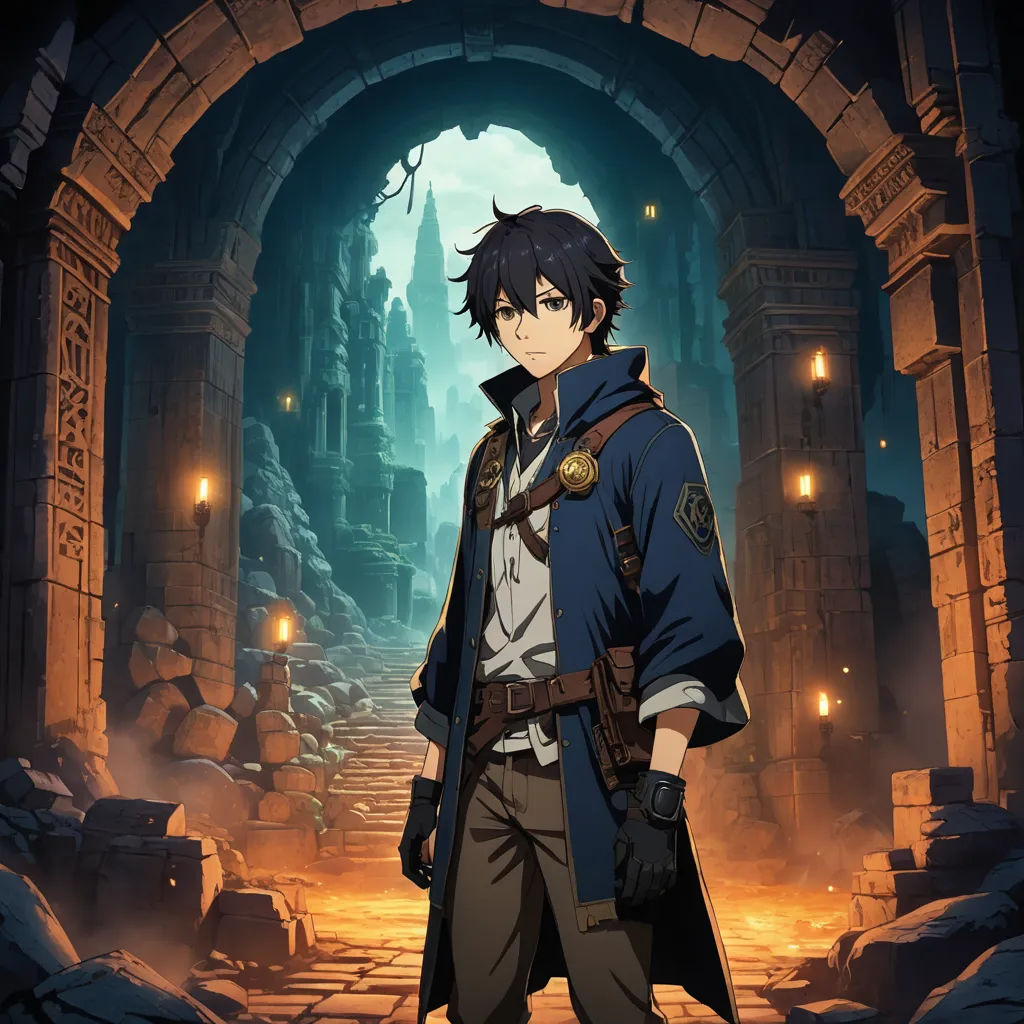 a man in a blue coat standing in front of a doorway with a light on it and a stone pathway, rayonism, a character portrait, Everett Warner, anime key visual