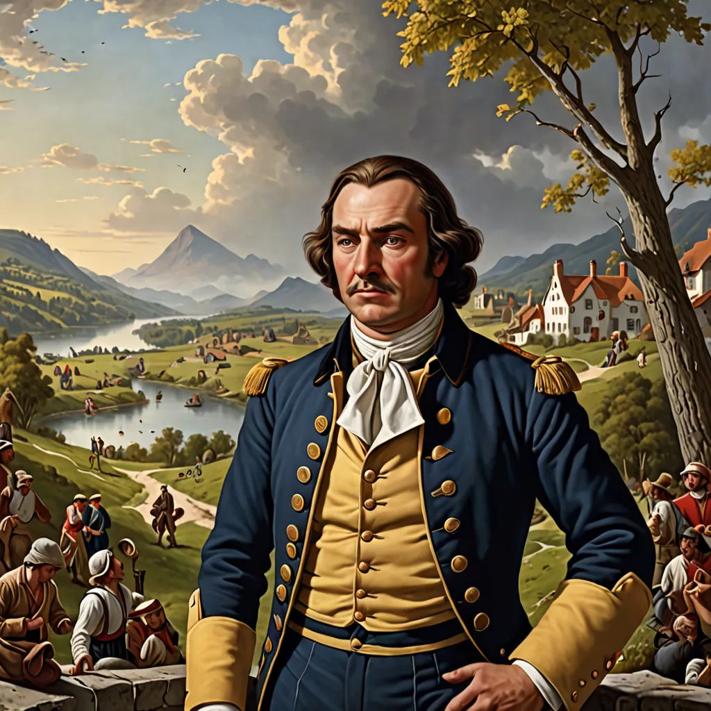 a painting of a man in a blue uniform standing in front of a painting of a village and a lake, american romanticism, a detailed painting, Emanuel Leutze, detailed painting