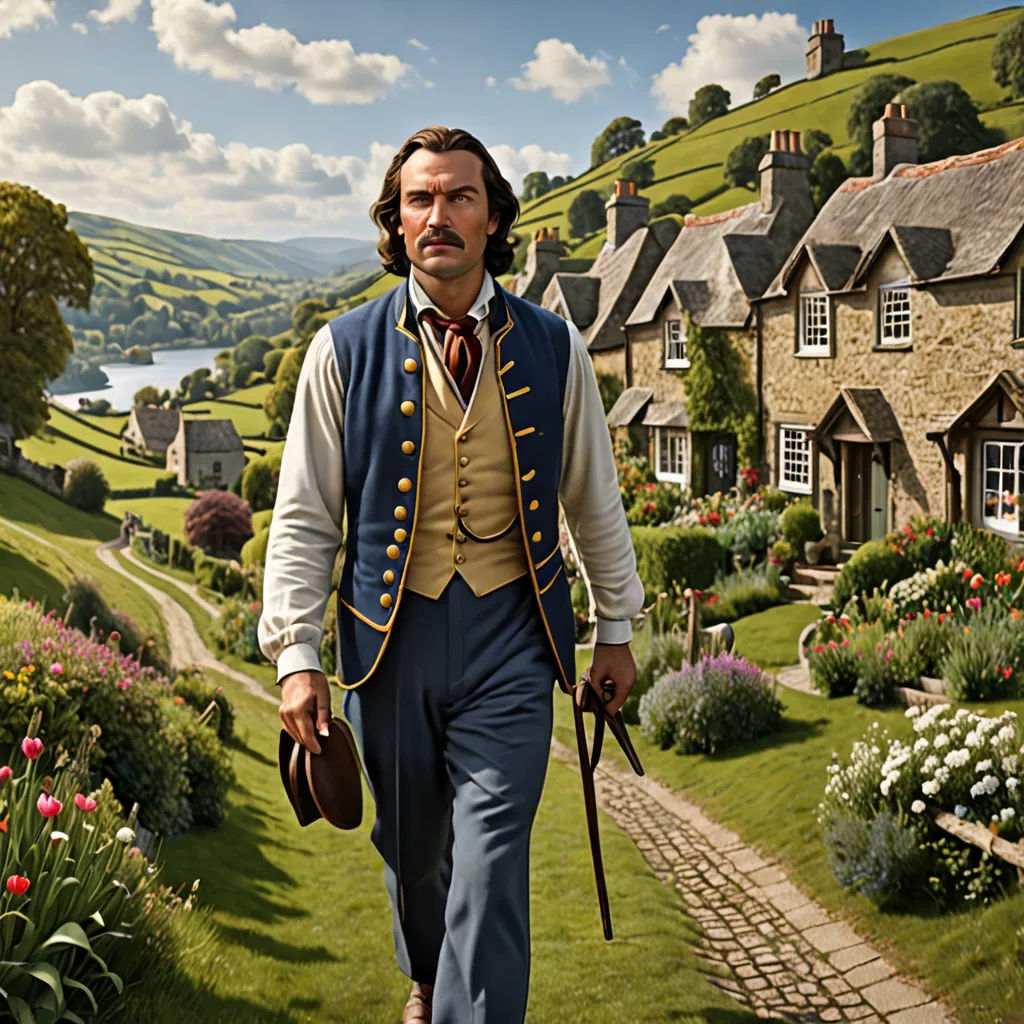 a man in a blue suit walking down a path in a garden with flowers and a house in the background, arts and crafts movement, a detailed matte painting, David Brewster, promotional image