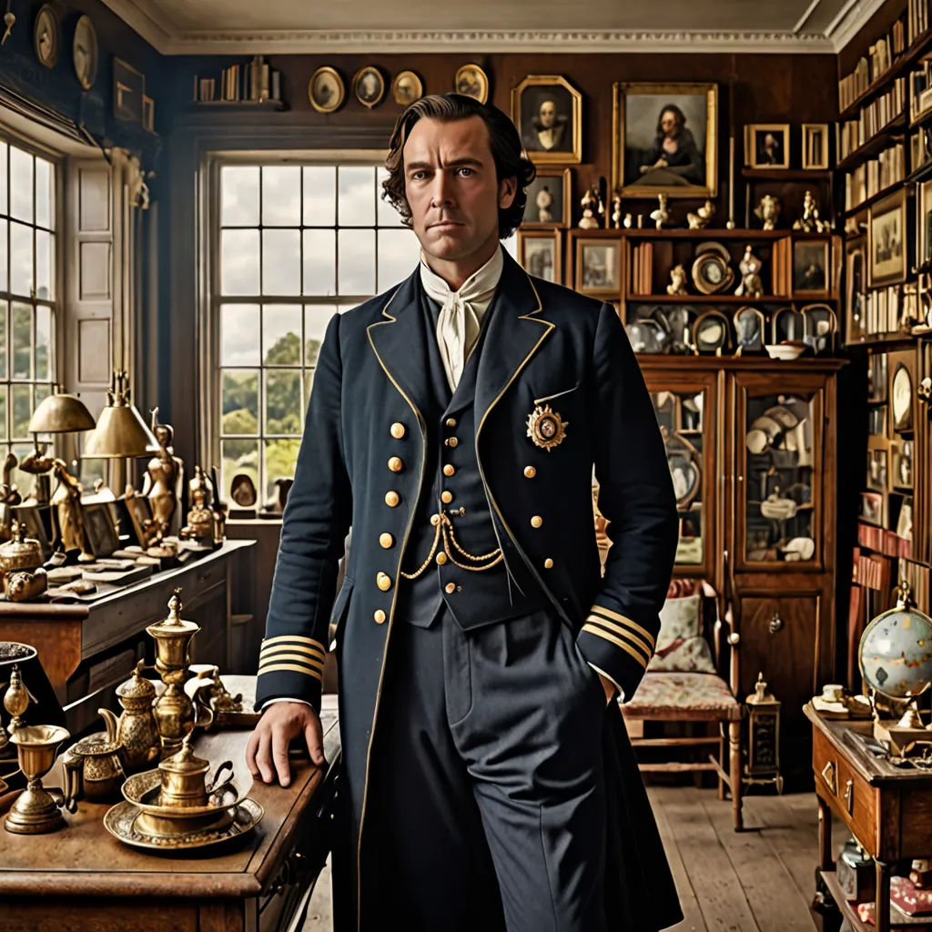 a man in a uniform standing in a room full of antique items and antiques, with a large window behind him, pre-raphaelitism, a character portrait, Edmund Greacen, promotional image