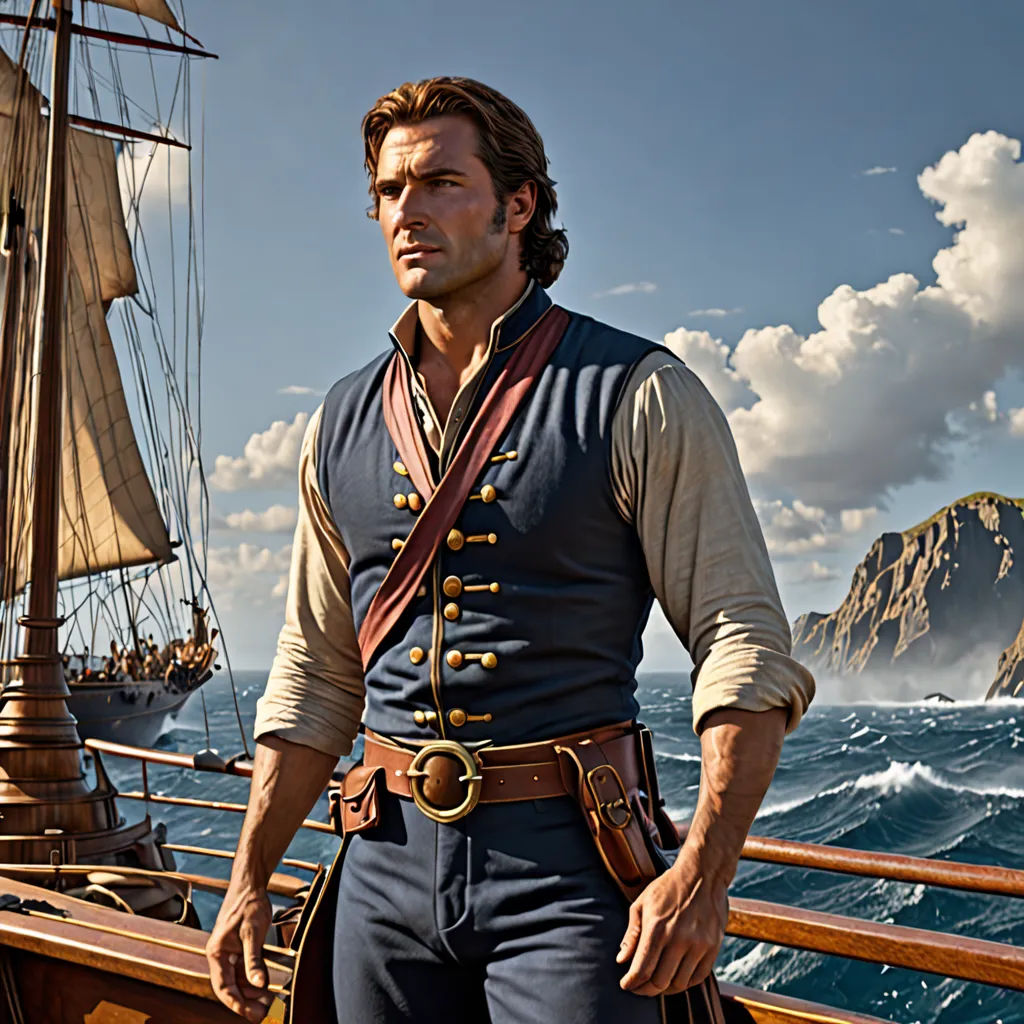 a man in a pirate costume standing on a boat in the ocean with a mountain in the background and a sailboat in the water, american romanticism, a detailed matte painting, Edward Clark, promotional image