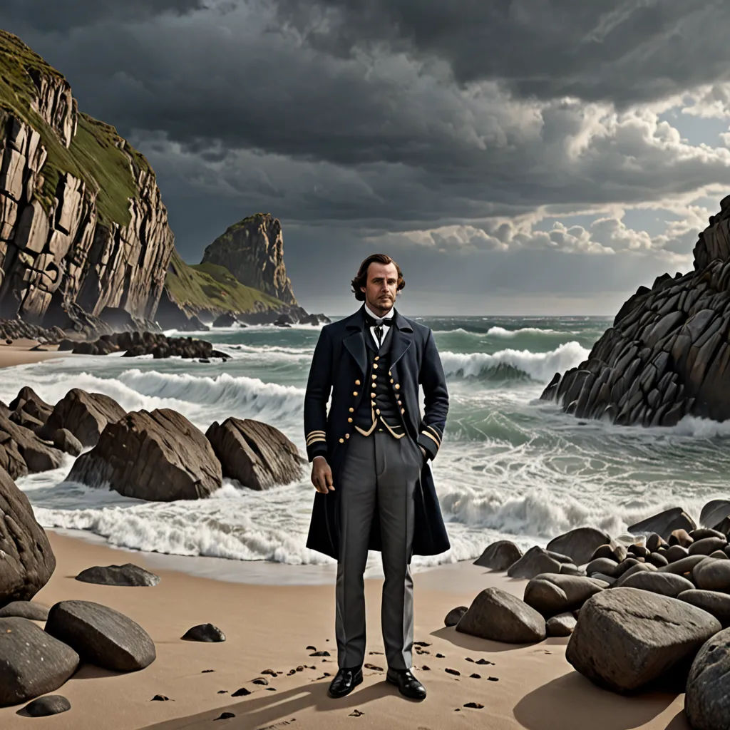 a man in a military uniform standing on a beach next to the ocean with rocks and a rock formation, american romanticism, a detailed matte painting, David Macbeth Sutherland, promotional image
