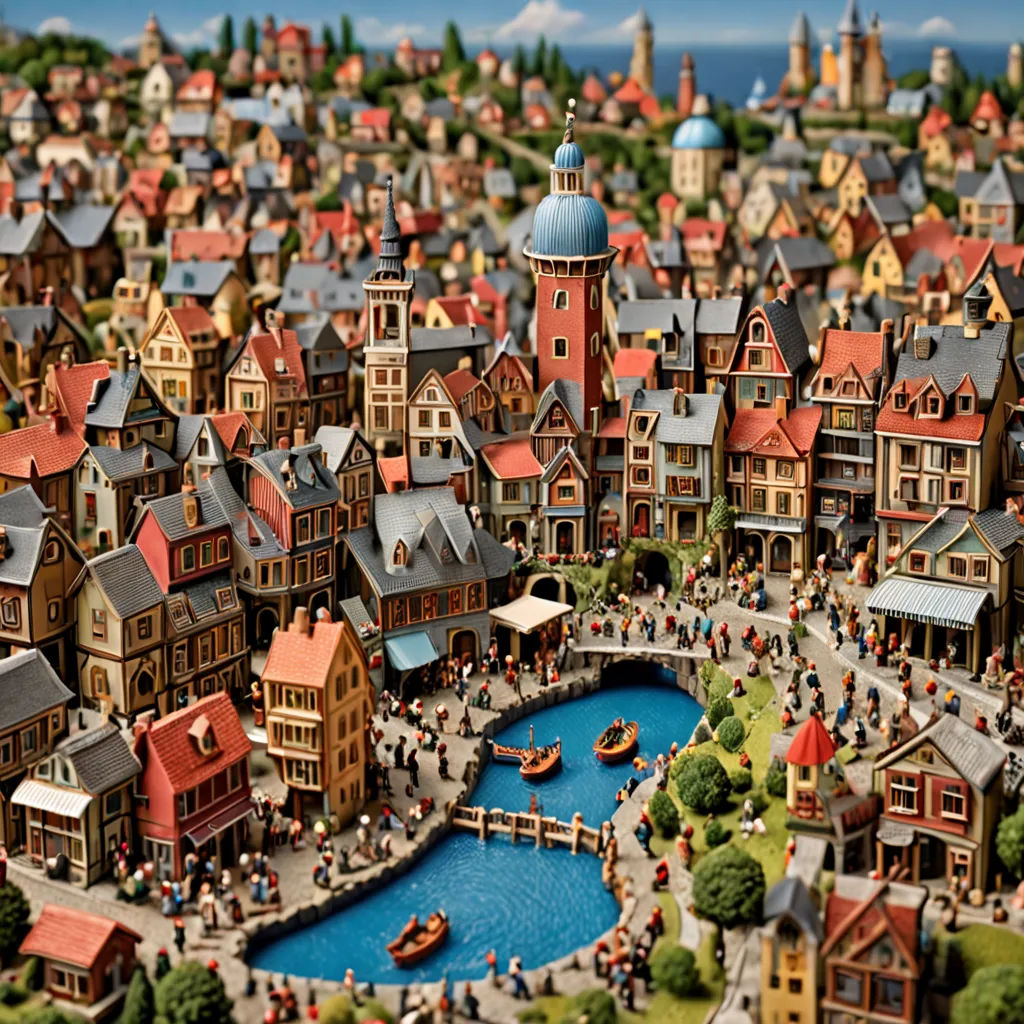 a model of a town with a lake and a bridge in the middle of it and people walking around, arts and crafts movement, a tilt shift photo, Charles Ginner, insanely detailed and intricate