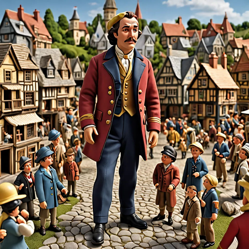 a group of people standing around a town with a man in a red coat and a woman in a blue dress, naive art, a tilt shift photo, Chris LaBrooy, promotional image