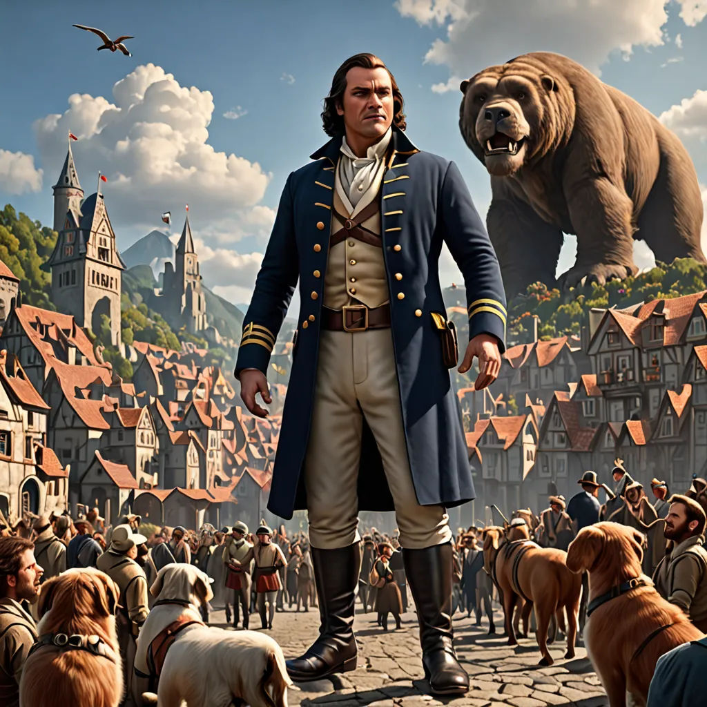 a man standing in front of a large group of dogs and bears in a town with a bear statue, fantasy art, a detailed matte painting, Chris LaBrooy, key art