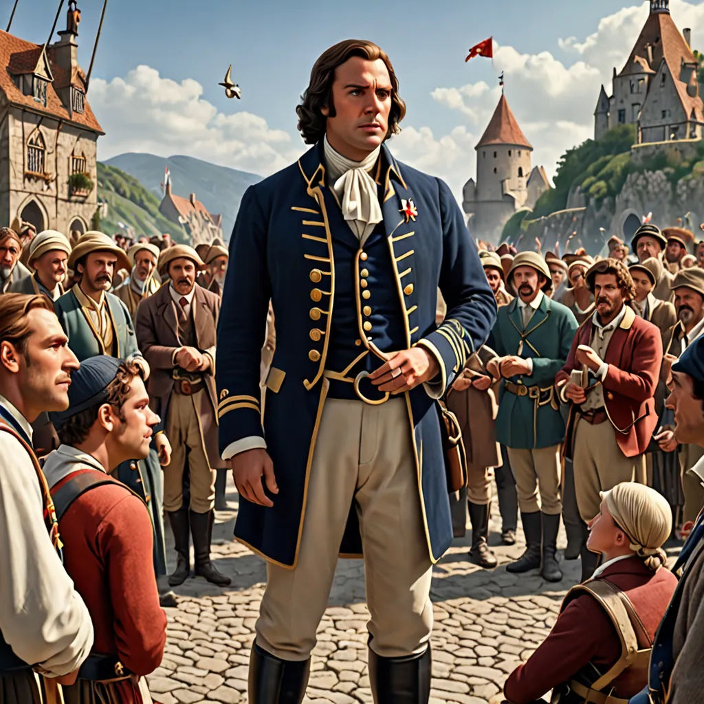 a man in a blue coat standing in front of a crowd of people in historical clothing and historical clothing, german romanticism, a detailed matte painting, Beta Vukanović, promotional image