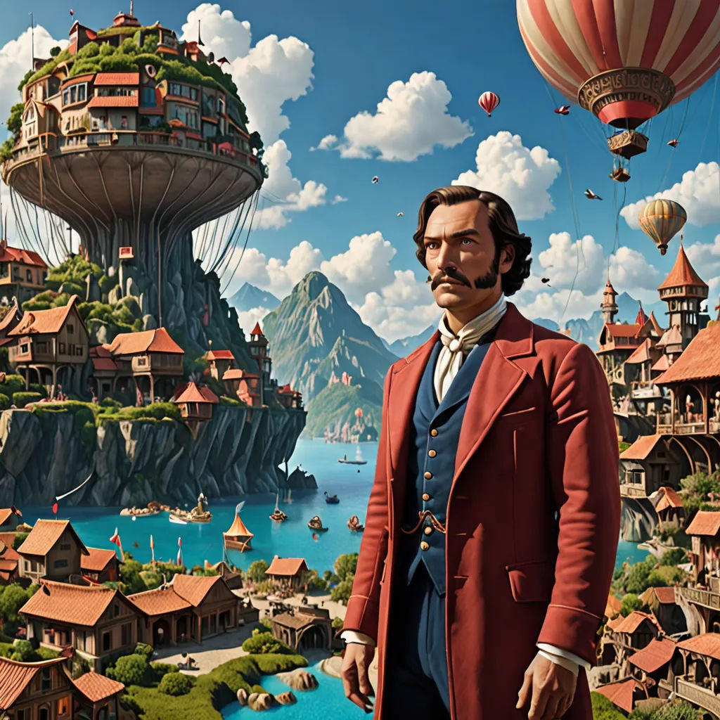 a man in a red suit standing in front of a city with a floating island in the background and hot air balloons, fantasy art, a detailed matte painting, Christophe Vacher, matte painting