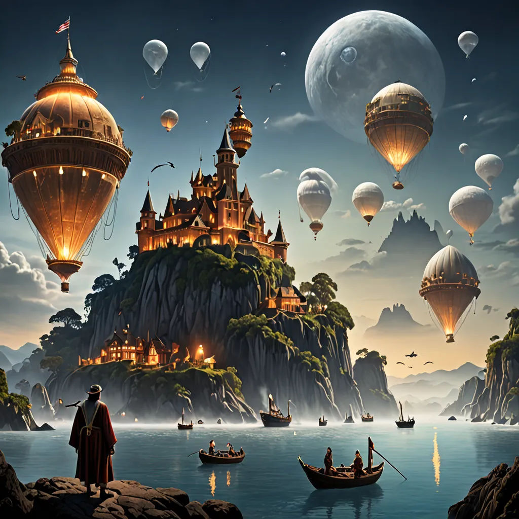a painting of a castle surrounded by hot air balloons in the sky with a man standing on a boat, fantasy art, a detailed matte painting, Christophe Vacher, fantasy artwork