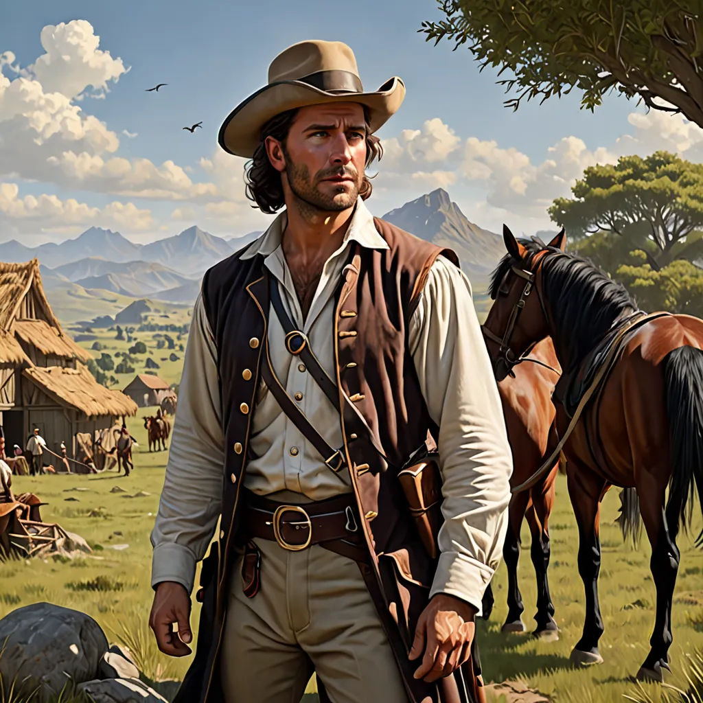 a man in a hat and vest standing next to a horse in a field with a hut and a few other horses, american scene painting, a detailed matte painting, Edward Otho Cresap Ord, II, western comic book art
