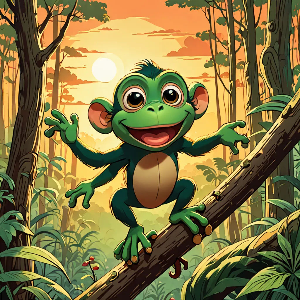 a cartoon frog climbing a tree branch in a jungle with a sun in the background and a forest floor, Chris LaBrooy, sumatraism, a storybook illustration, rossdraws global illumination