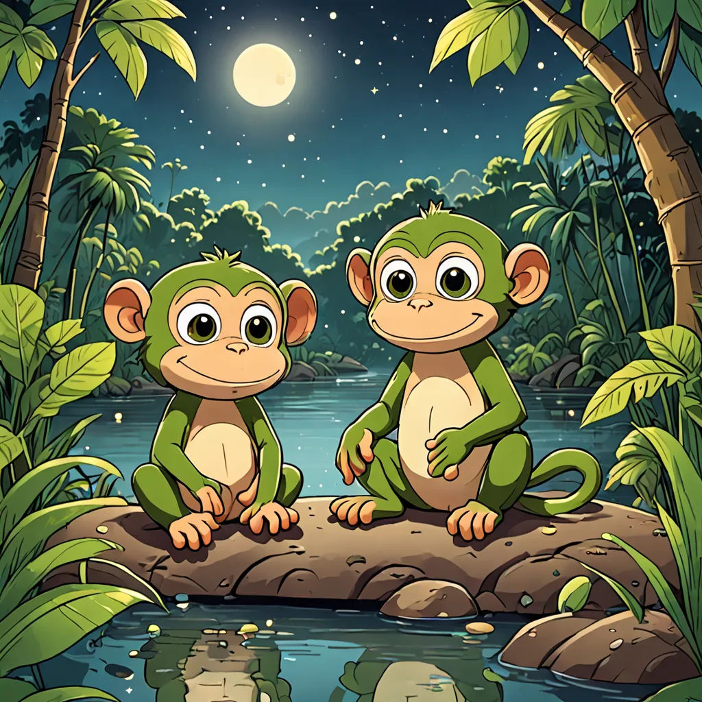 two monkeys sitting on a rock in the forest at night time with a full moon in the background illustration, Andries Both, naturalism, a storybook illustration, 2 d game art