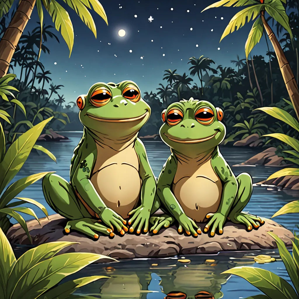 two frogs sitting on a rock in the middle of a river at night with a full moon in the sky, Andries Both, fantasy art, a storybook illustration, official art