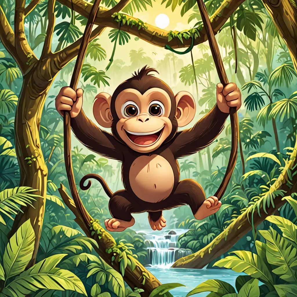a monkey hanging from a tree in a jungle with a waterfall in the background and a sun shining through the trees, Alex Petruk APe, primitivism, a storybook illustration, jungle