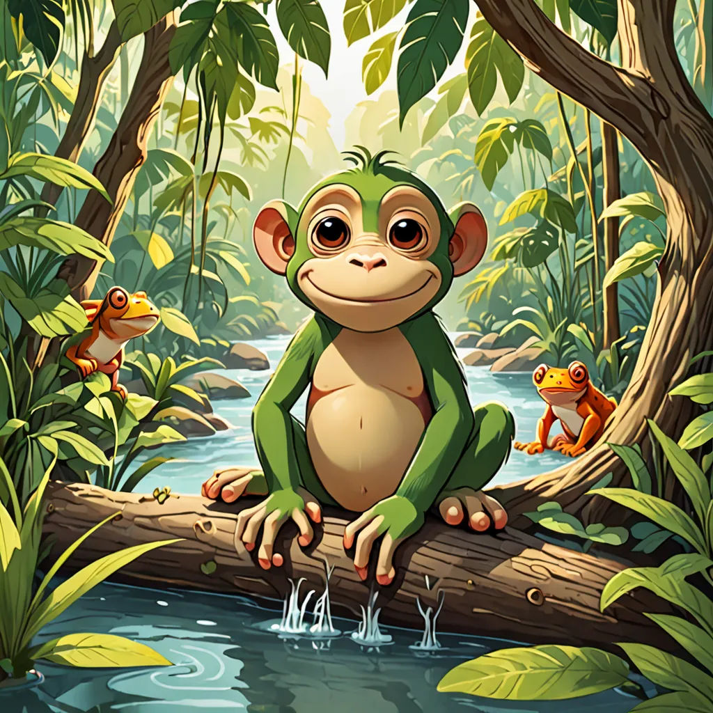a cartoon monkey sitting on a log in a jungle with other animals around him and a river running through it, Chris LaBrooy, fantasy art, a storybook illustration, jungle