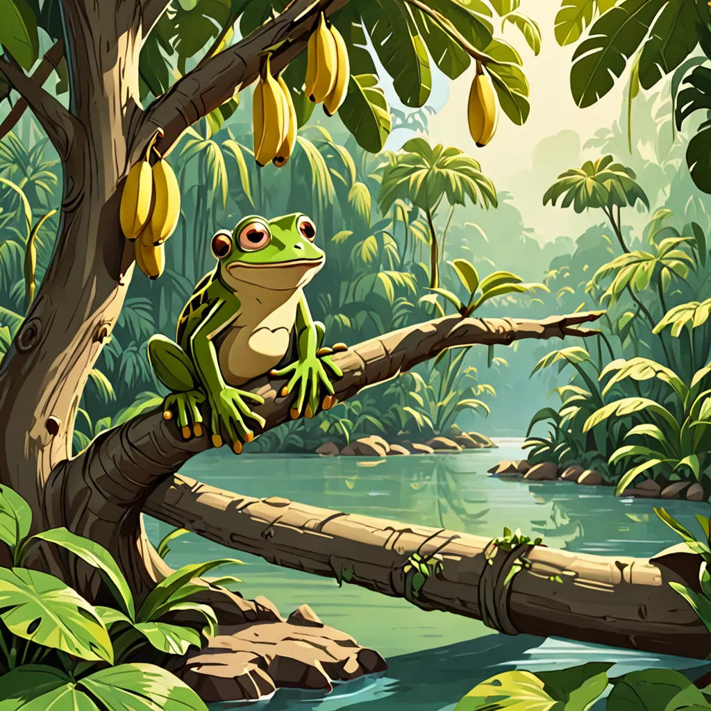 a frog sitting on a branch in a jungle with bananas hanging from it's tree limbs and a river running through it, Chris LaBrooy, fantasy art, a storybook illustration, jungle