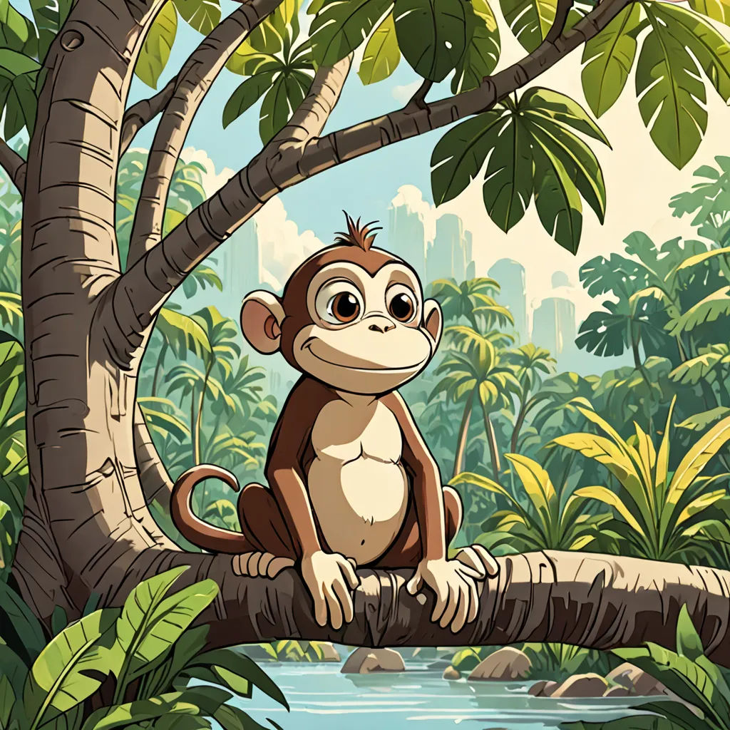 a monkey sitting on a tree branch in a jungle with a river and trees in the background, with a city in the background, Chris LaBrooy, primitivism, a storybook illustration, jungle