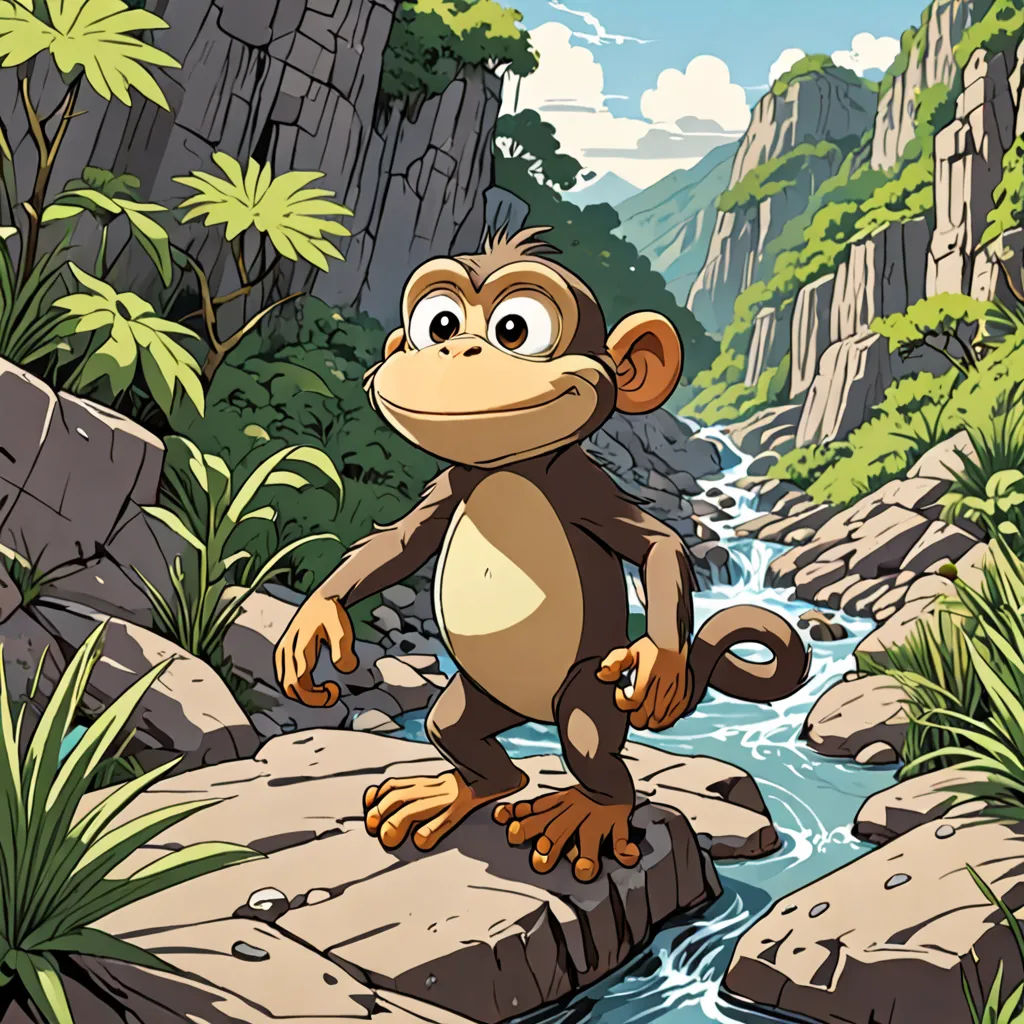 a cartoon monkey standing on a rock in a river with a mountain in the background and a stream running through it, Chris LaBrooy, sots art, concept art, official art