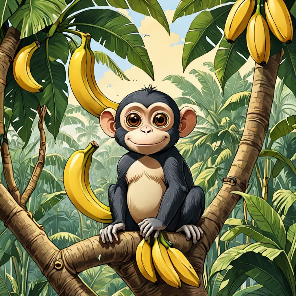 a monkey sitting on a tree with bananas in a jungle area with a sky background and a sunlit sky, Chris LaBrooy, naturalism, a digital painting, highly detailed digital painting