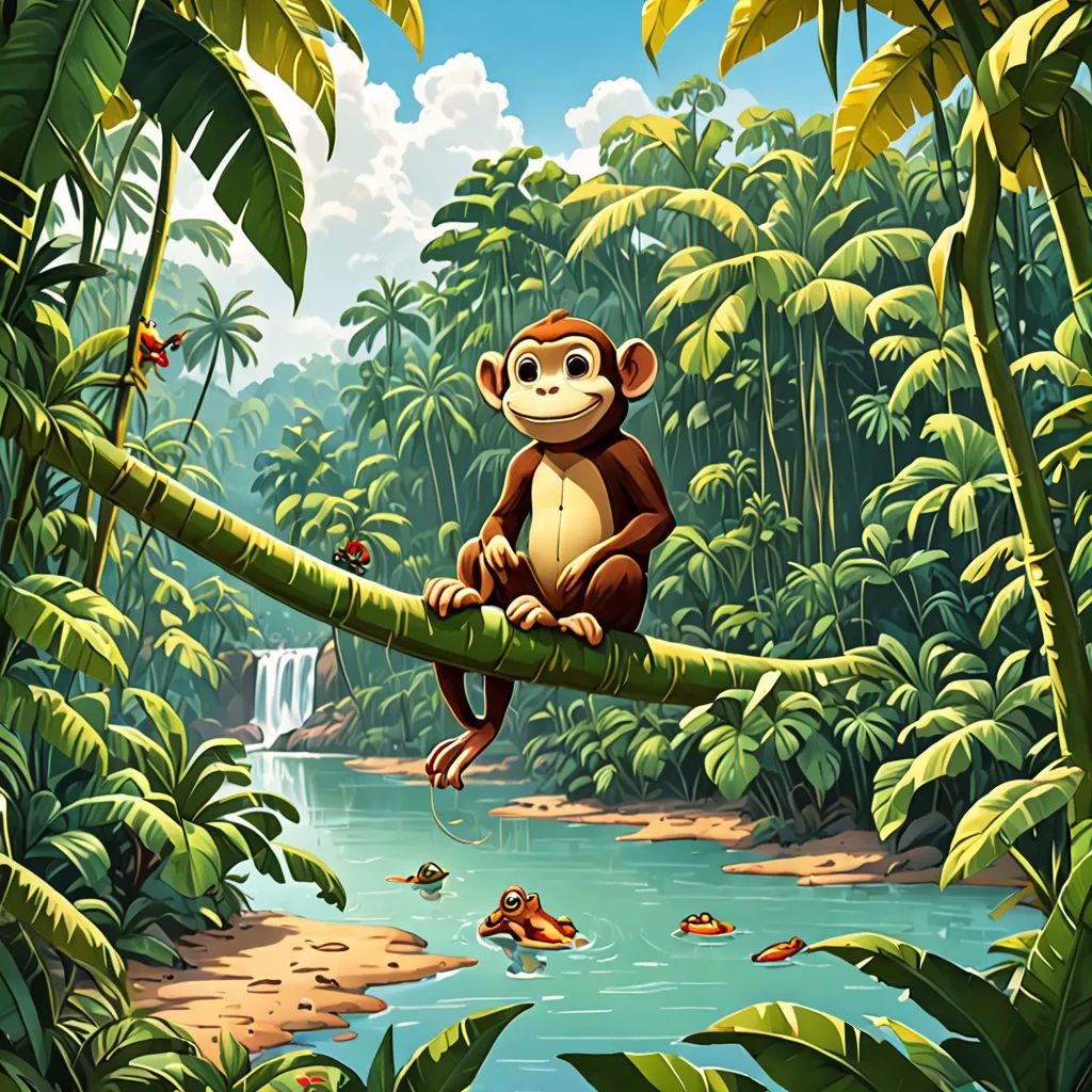 a monkey sitting on a tree branch in a jungle with a waterfall in the background and a few other animals, Chris LaBrooy, sumatraism, a storybook illustration, jungle