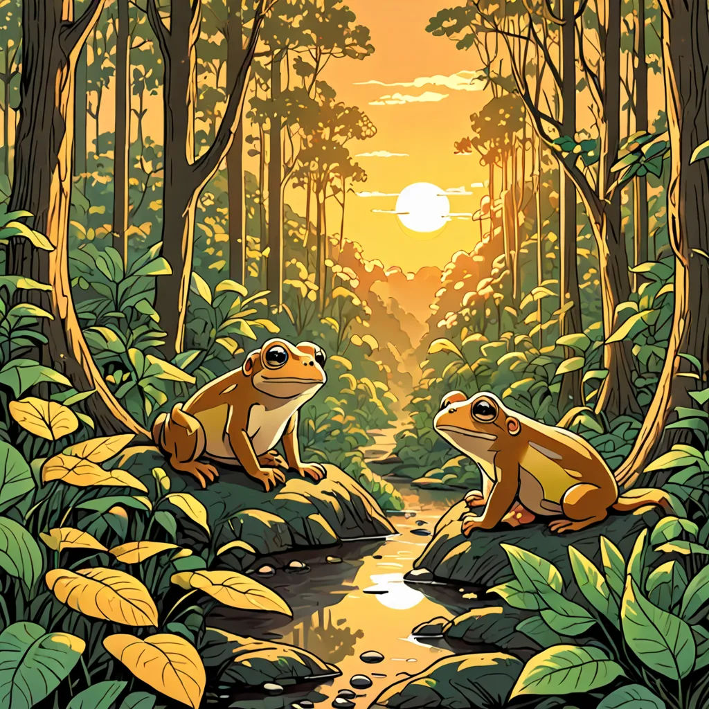 two frogs sitting on a rock in a forest at sunset, with the sun setting behind them and the trees and foliage, Dan Mumford, environmental art, a storybook illustration, rossdraws global illumination