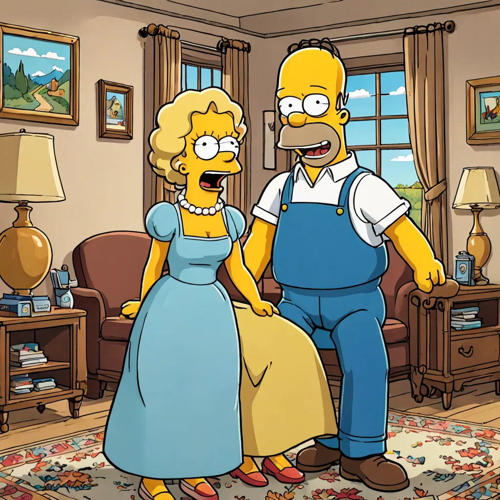 a cartoon of a man and a woman dressed in simpsons outfits standing in a living room together, with a couch and a lamp, american impressionism, a storybook illustration, Ancell Stronach, promotional image