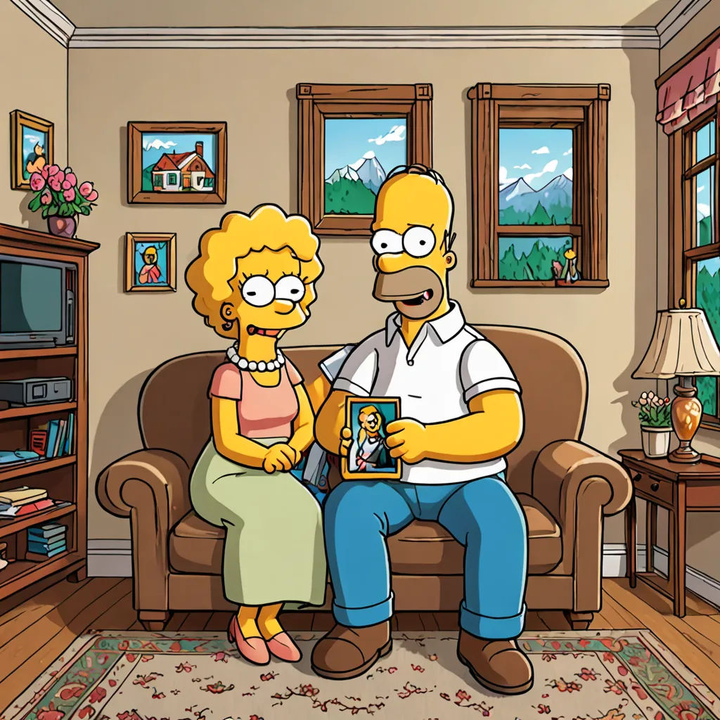 a man and woman sitting on a couch in a living room with a simpsons picture on the wall behind them, naive art, a comic book panel, Chris Ware, promotional image