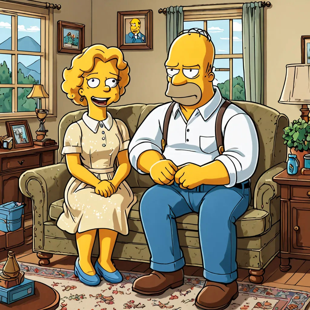 a cartoon of a man and a woman sitting on a couch in a living room with a rug on the floor, american scene painting, a comic book panel, Bob Singer, promotional image