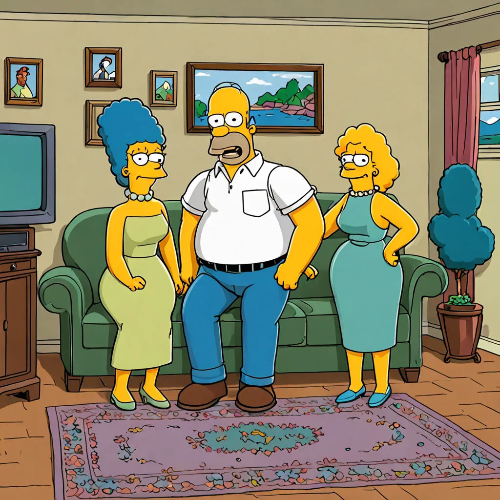 a family of simpsons characters standing in a living room together, with a rug on the floor and a television on the wall, excessivism, a screenshot, Chris Ware, promotional image