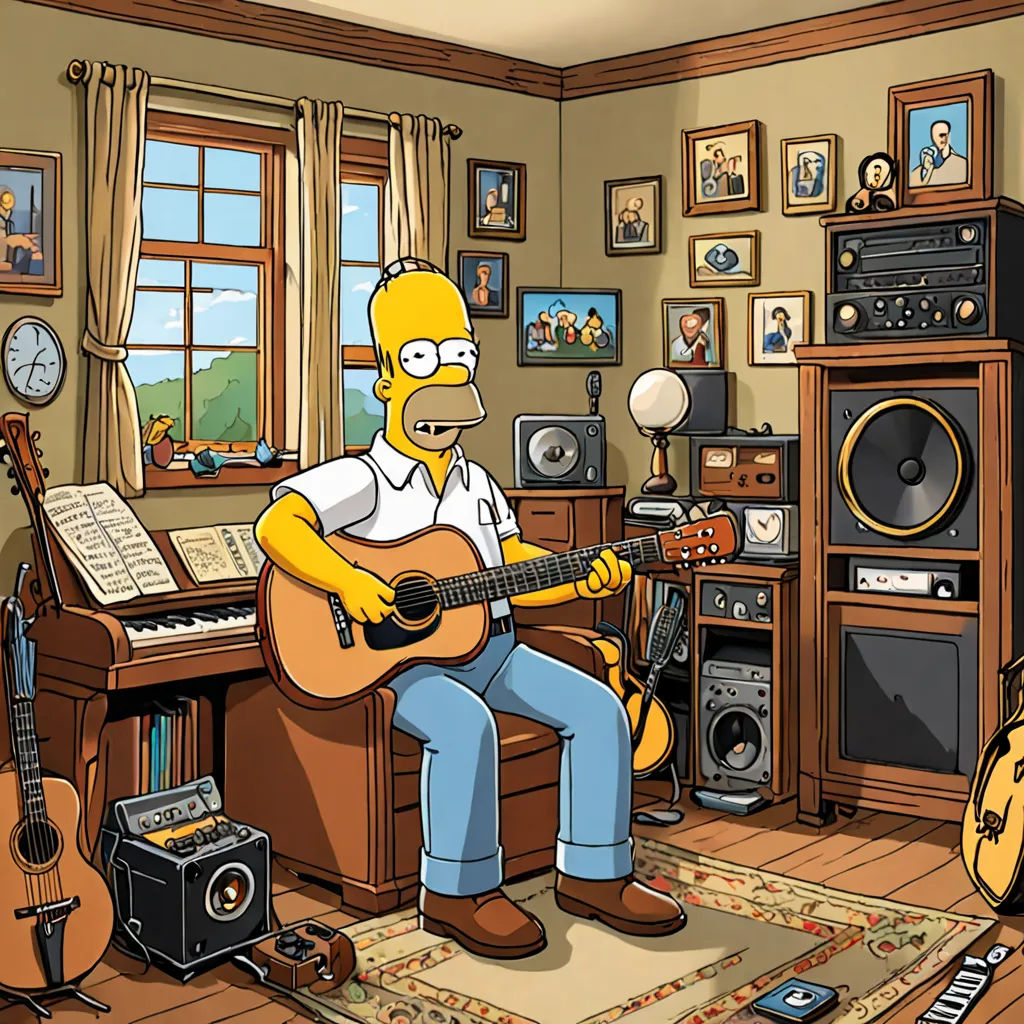 a cartoon character playing a guitar in a room with a lot of instruments and a guitar case on the floor, folk art, a screenshot, David Gilmour Blythe, studio photo