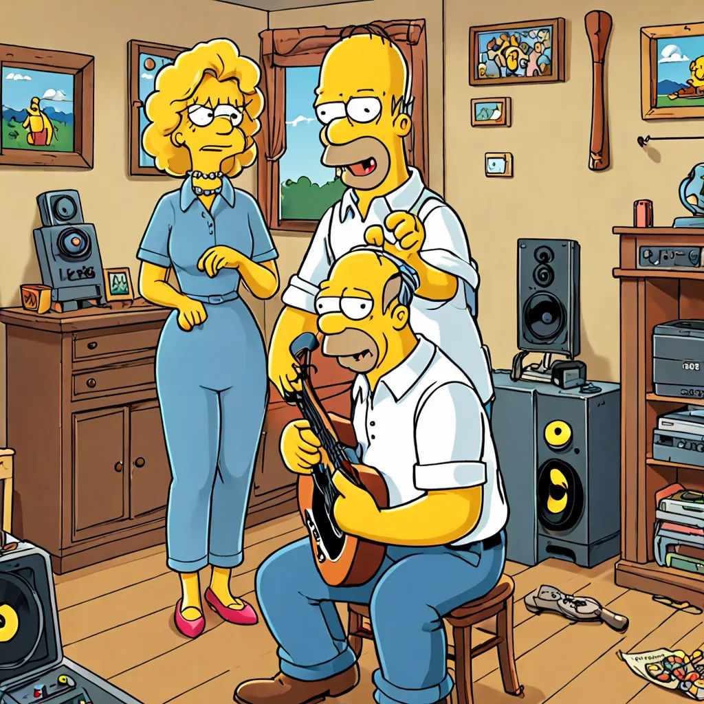 a cartoon of a man playing a guitar with a woman and a man singing in a room with a guitar, synthetism, a screenshot, Edward George Handel Lucas, promotional image