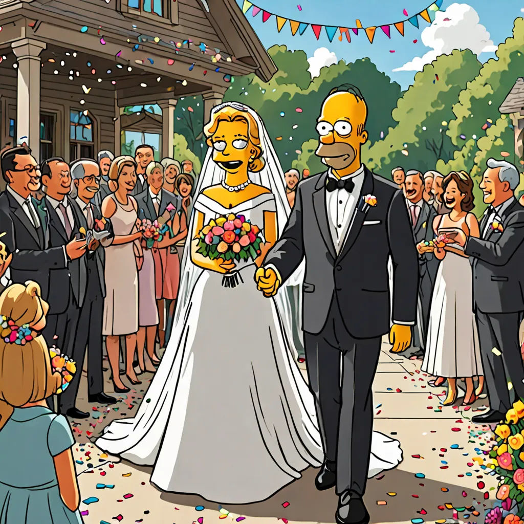 a cartoon of a bride and groom walking down the aisle of a wedding ceremony with confetti falling all around, fantastic realism, a comic book panel, Chris Ware, promotional image