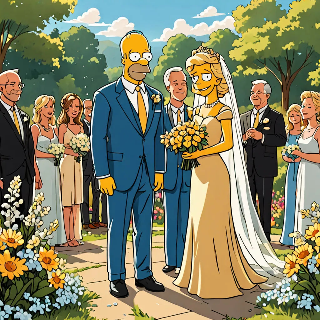 a cartoon of a couple getting married in front of a crowd of people in a park with flowers and trees, fantastic realism, a screenshot, Adam Bruce Thomson, official art