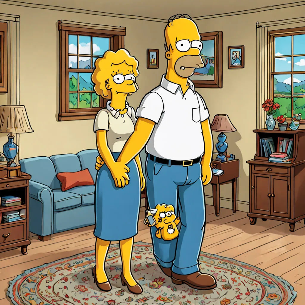 a cartoon of a man and woman standing in a living room with a dog in their lap and a cat in their lap, fantastic realism, a screenshot, Chris Ware, promotional image