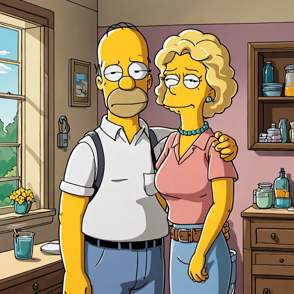 a cartoon of a man and a woman standing in a kitchen together, with a window in the background, fantastic realism, a character portrait, Erlund Hudson, promotional image