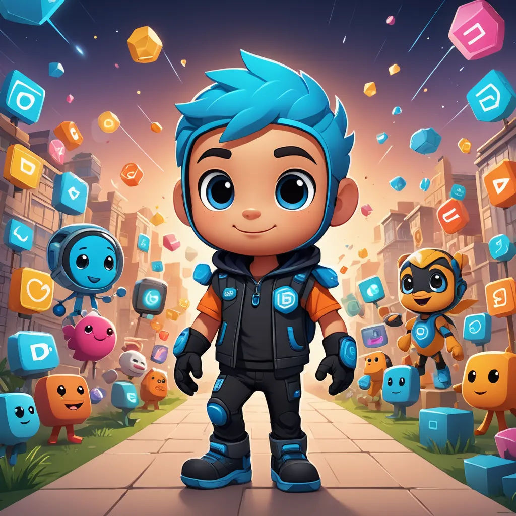 a cartoon character standing in front of a bunch of cubes and cubes in the air with a blue hair, cubo-futurism, a character portrait, Andrey Esionov, 2 d game art