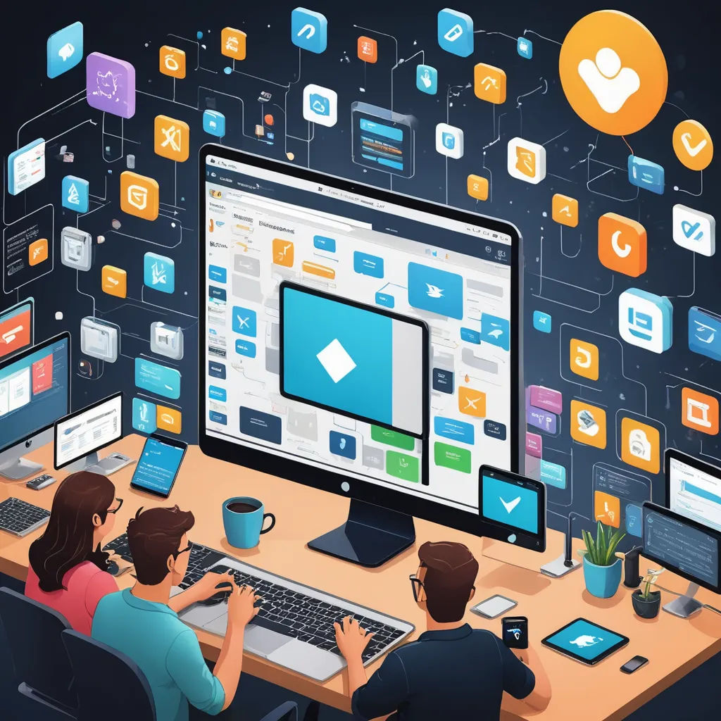 a couple of people sitting at a desk with a computer and a laptop on it, surrounded by many different app icons, objective abstraction, computer graphics, Andries Stock, behance hd