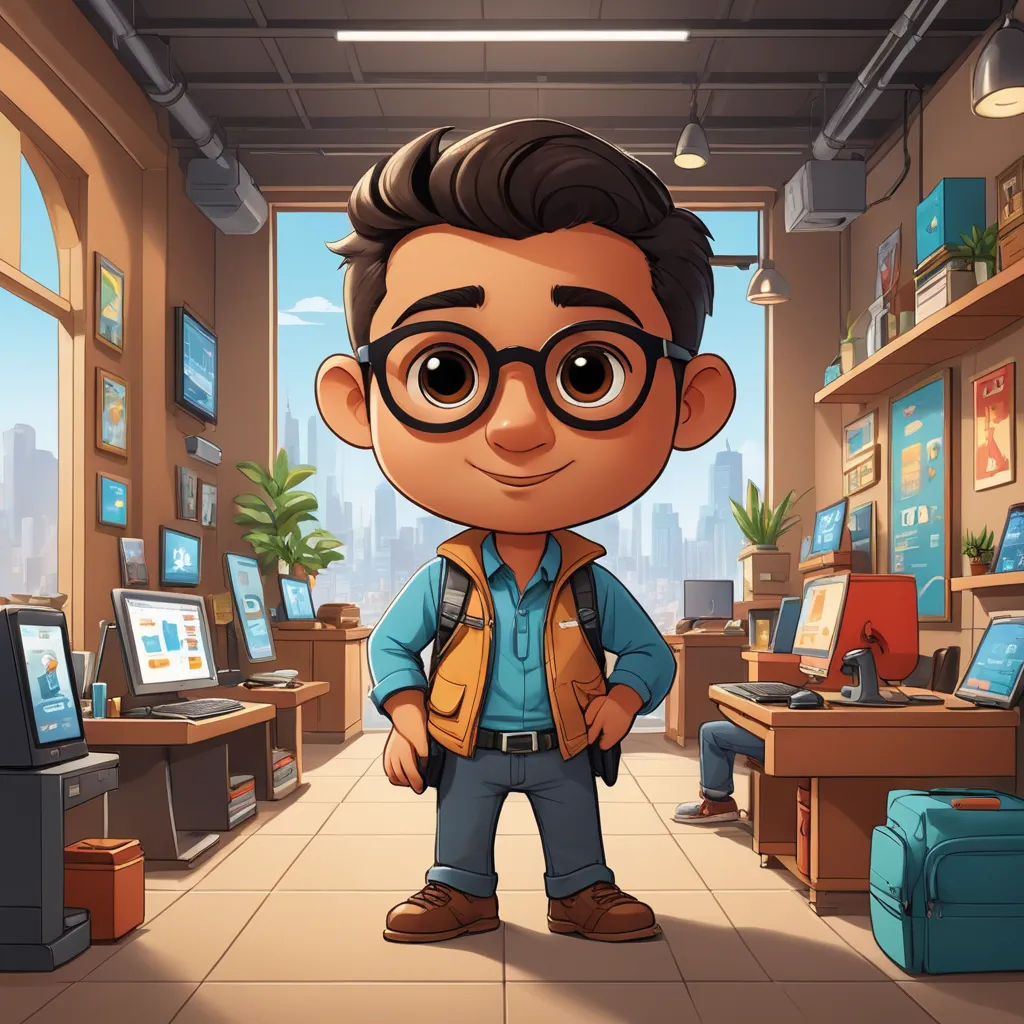a cartoon man standing in a store with a backpack on his back and a laptop on his lap in front of him, sots art, a character portrait, Chris LaBrooy, character portrait