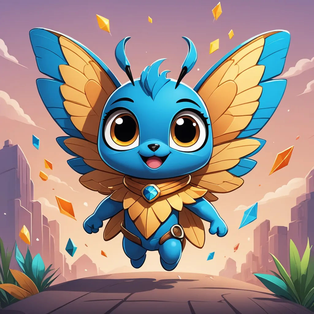 a cartoon character flying through the air with a blue and yellow butterfly on it's back legs and wings, sots art, concept art, Cedric Seaut (Keos Masons), rossdraws global illumination