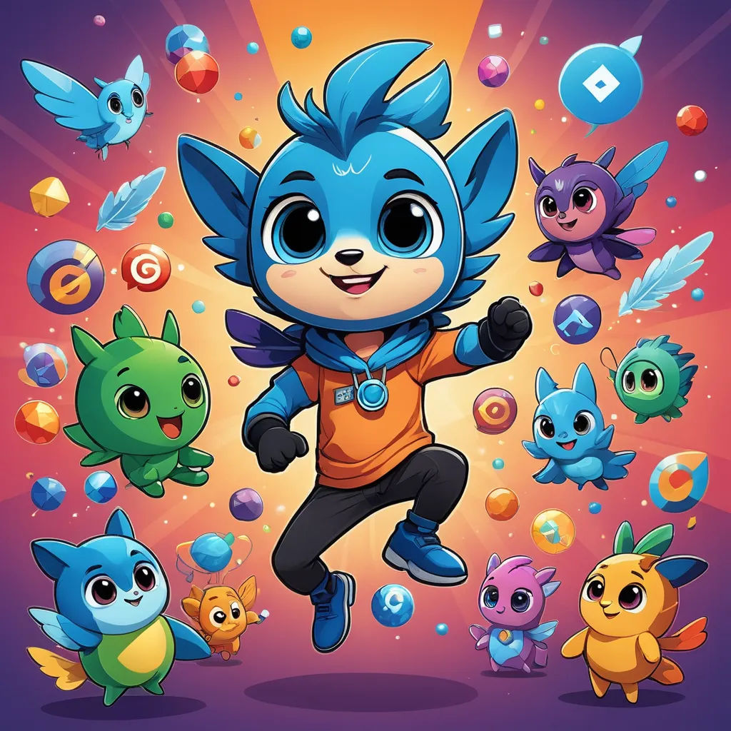 a cartoon character surrounded by many different types of toys and objects, including a blue - eyed boy, a blue - eyed girl, and a blue - eyed boy, furry art, poster art, ESAO, official art