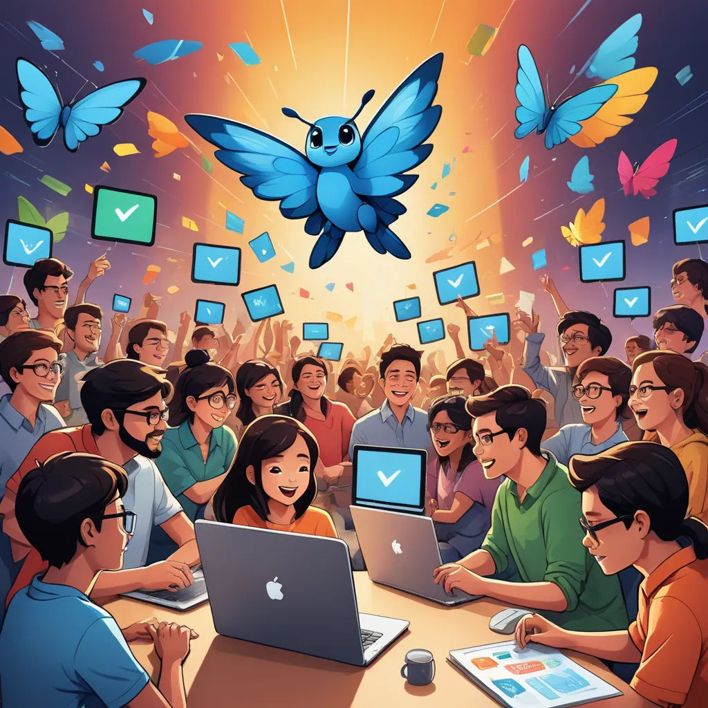 a crowd of people sitting around a table with laptops and a bird flying over them in the air, les automatistes, a storybook illustration, Basuki Abdullah, detailed illustration
