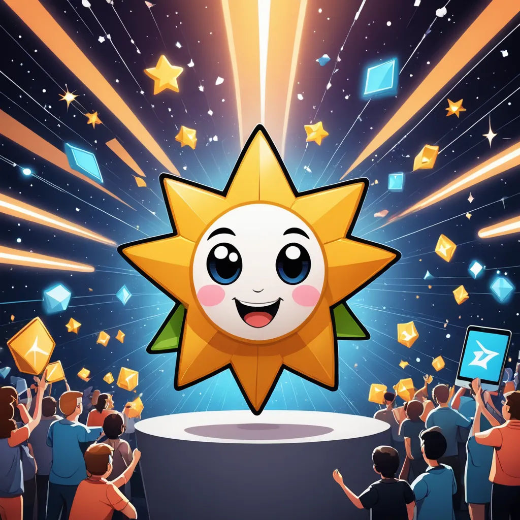 a cartoon star with a happy face surrounded by people and stars in the sky with a bright yellow star, sots art, computer graphics, Cui Bai, game art